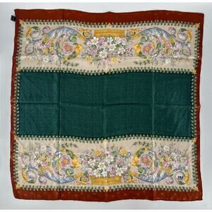 DLF Vintage Scarf Womens Green Brown Floral 100% Silk Satin Motif Square 33"